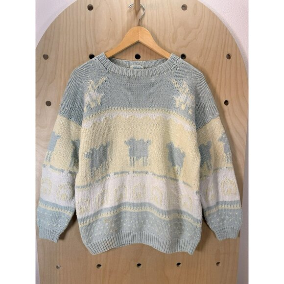 Vintage Jess Paris Cotton Sweater Sheep Cottage Core Pastel Knit Size M Peru - Picture 2 of 16